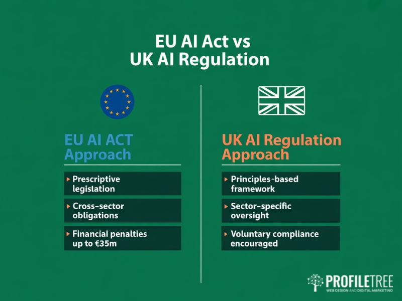 EU AI Act versus UK AI regulation comparison — flat vector graphic showing compliance approach differences