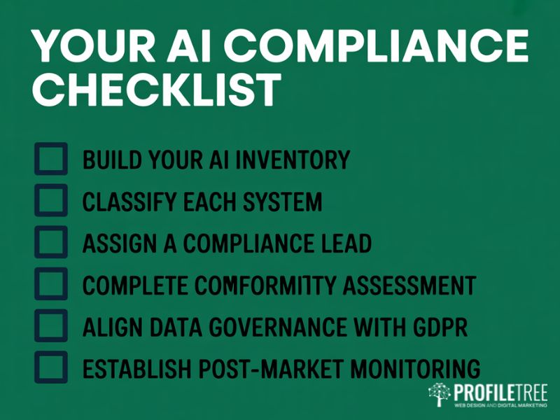 Compliance with the EU AI Act practical checklist covering inventory classification and conformity assessment steps