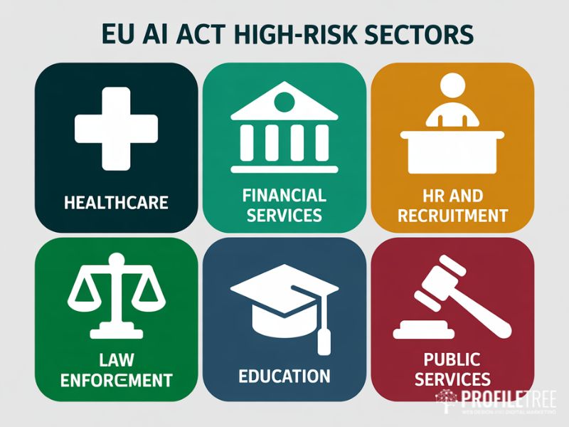 EU AI Act high-risk sectors including healthcare, financial services, and law enforcement — flat vector icons