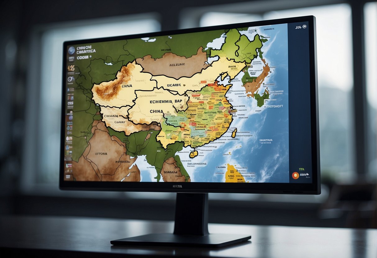 A computer screen with a map of China, a censor bar, and marketing logos