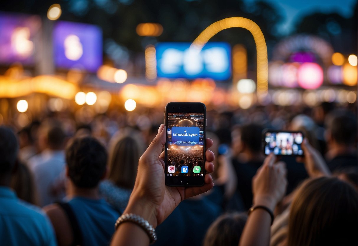 Local festival scene with social media logos integrated into banners and stage backdrops. Crowds gather around booths and stages, capturing and sharing moments online