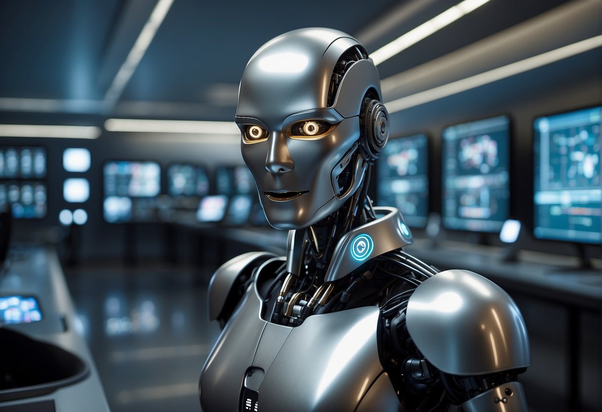 An AI robot stands in a futuristic laboratory, surrounded by screens displaying complex algorithms and data. Its sleek metallic body exudes intelligence and sophistication