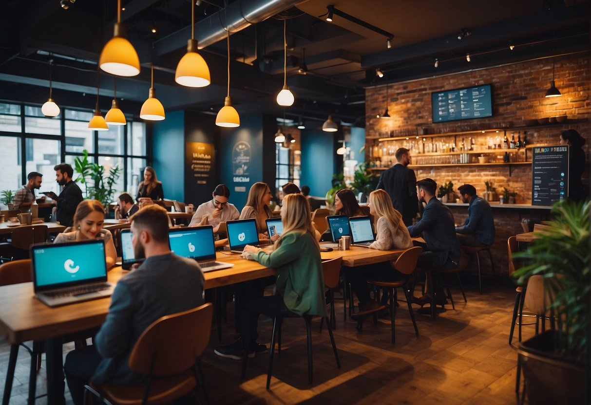 A busy cafe with people on laptops, phones, and tablets. Trendy decor and signage promoting social media platforms. Vibrant colors and modern technology