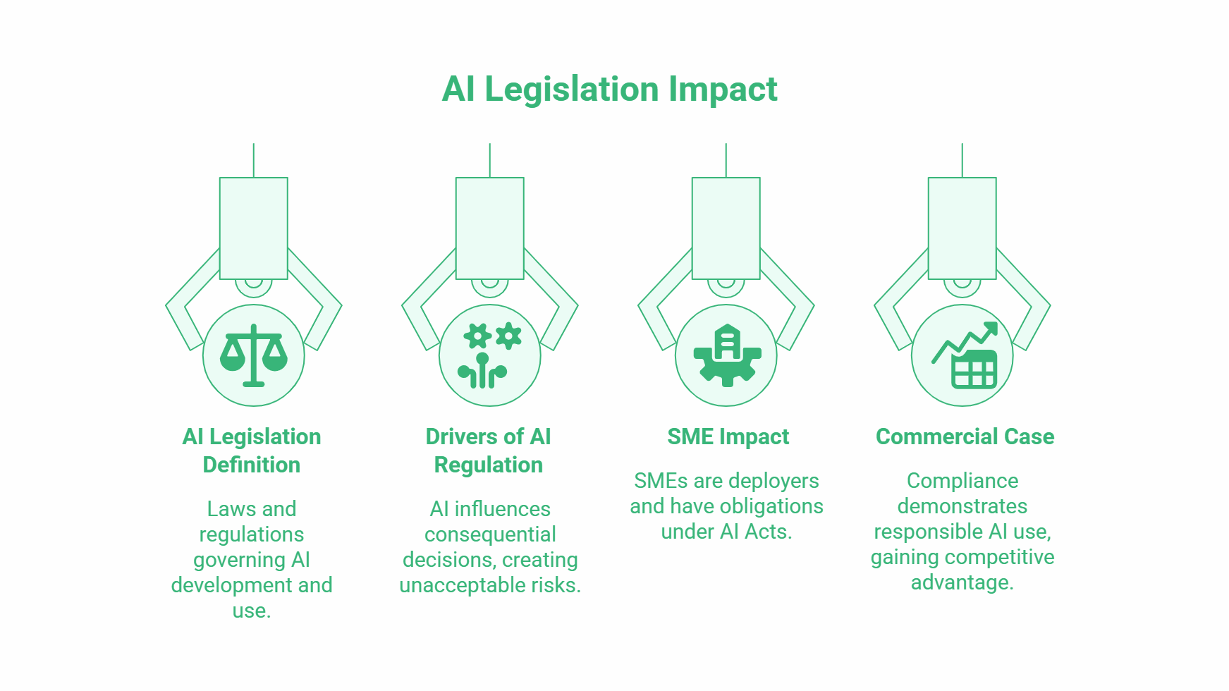 Four illustrated robotic arms each hold an icon above text. The icons represent law, AI regulation, SME impact, and commercial case, with corresponding brief descriptions about the impact of artificial intelligence legislation.