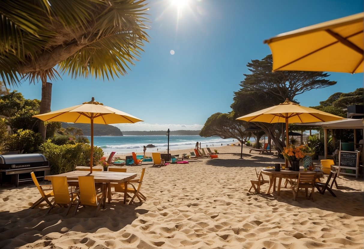 A vibrant beach scene with surfboards, sun umbrellas, and a barbecue, showcasing the Australian summer. A calendar with seasonal events and holidays adds to the marketing focus