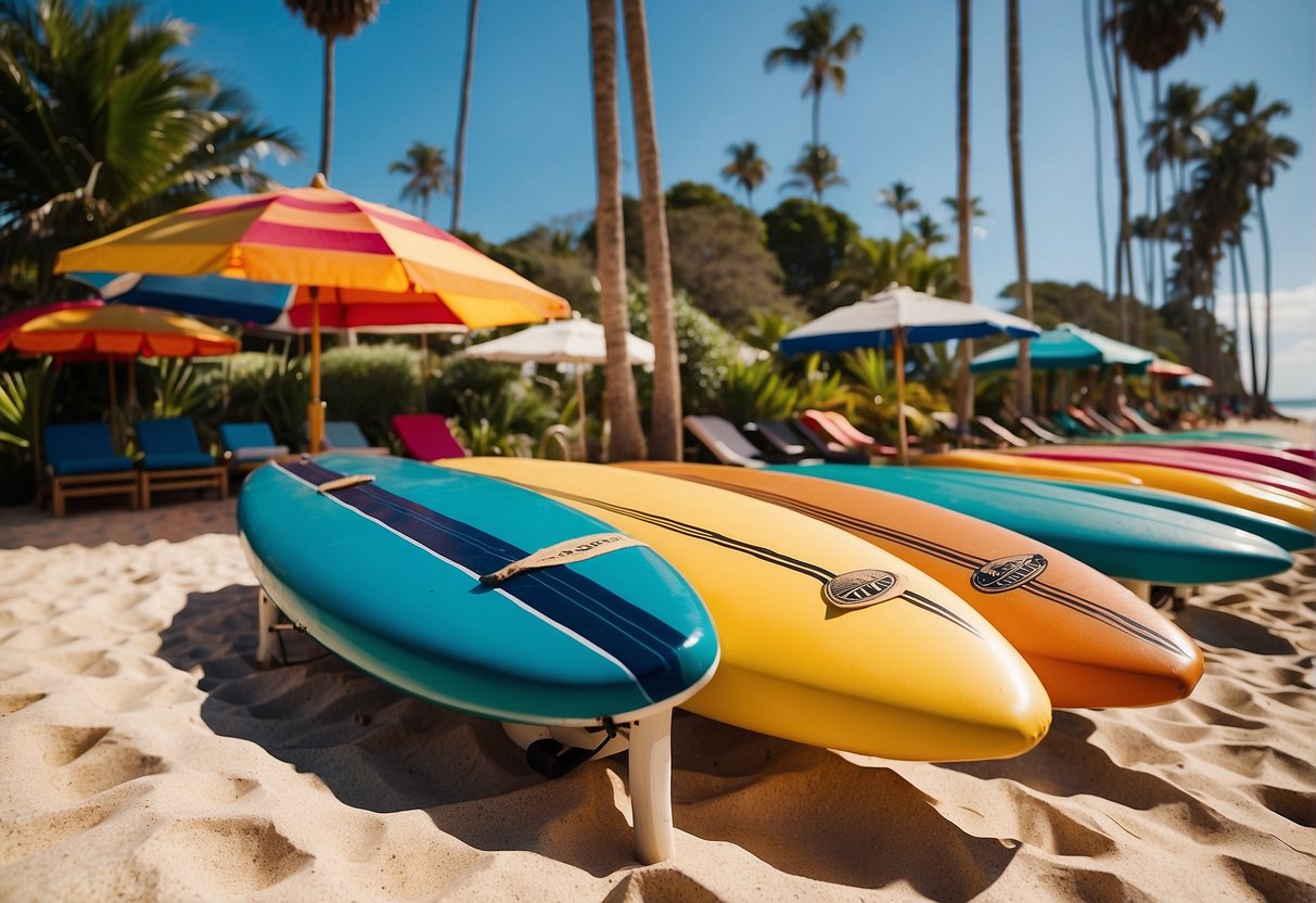 A vibrant beach scene with surfboards, sun umbrellas, and palm trees, capturing the Australian summer for seasonal marketing
