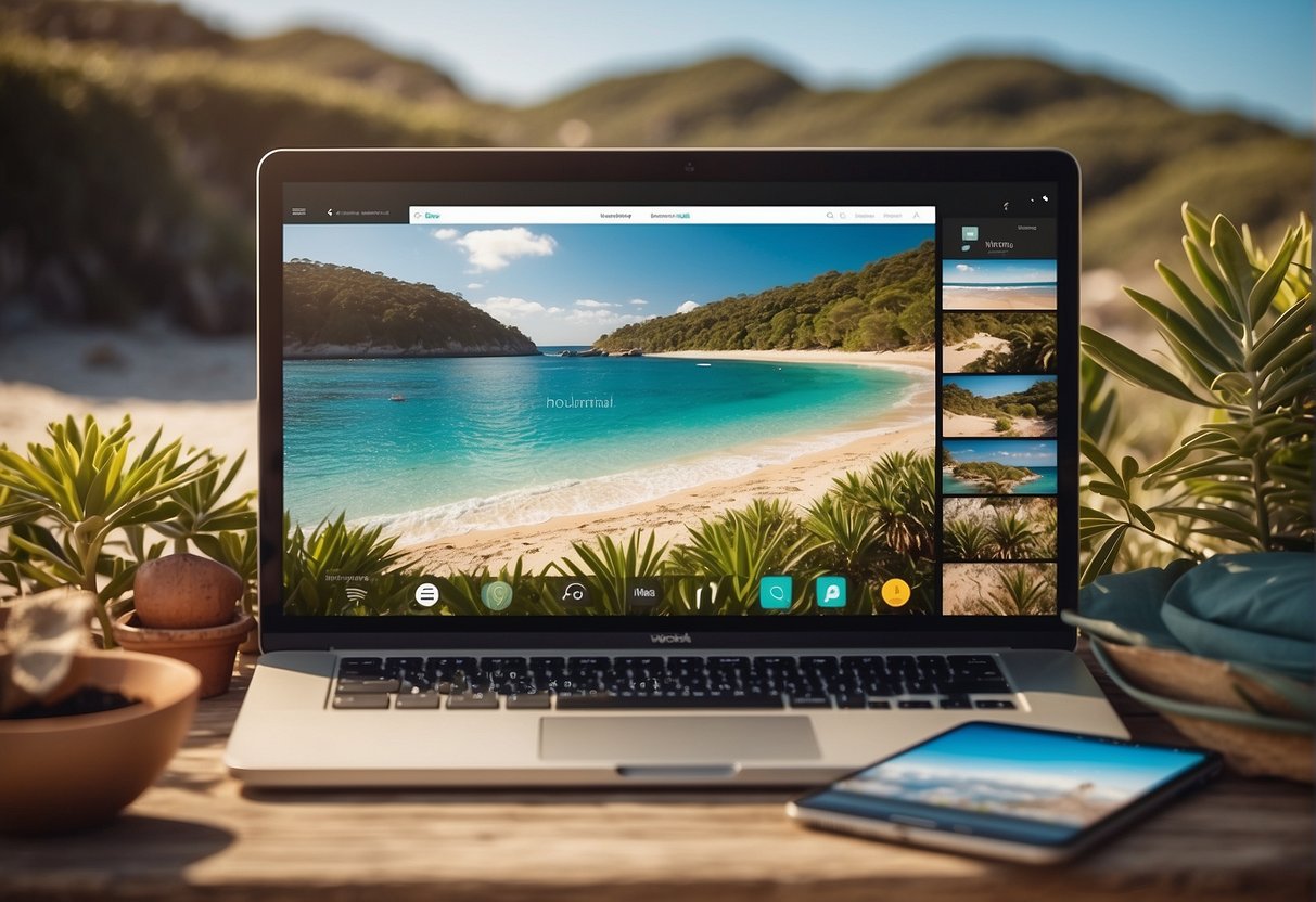 An illustration of digital marketing tools, with seasonal Australian elements, such as beach scenes, native flora, and holiday symbols