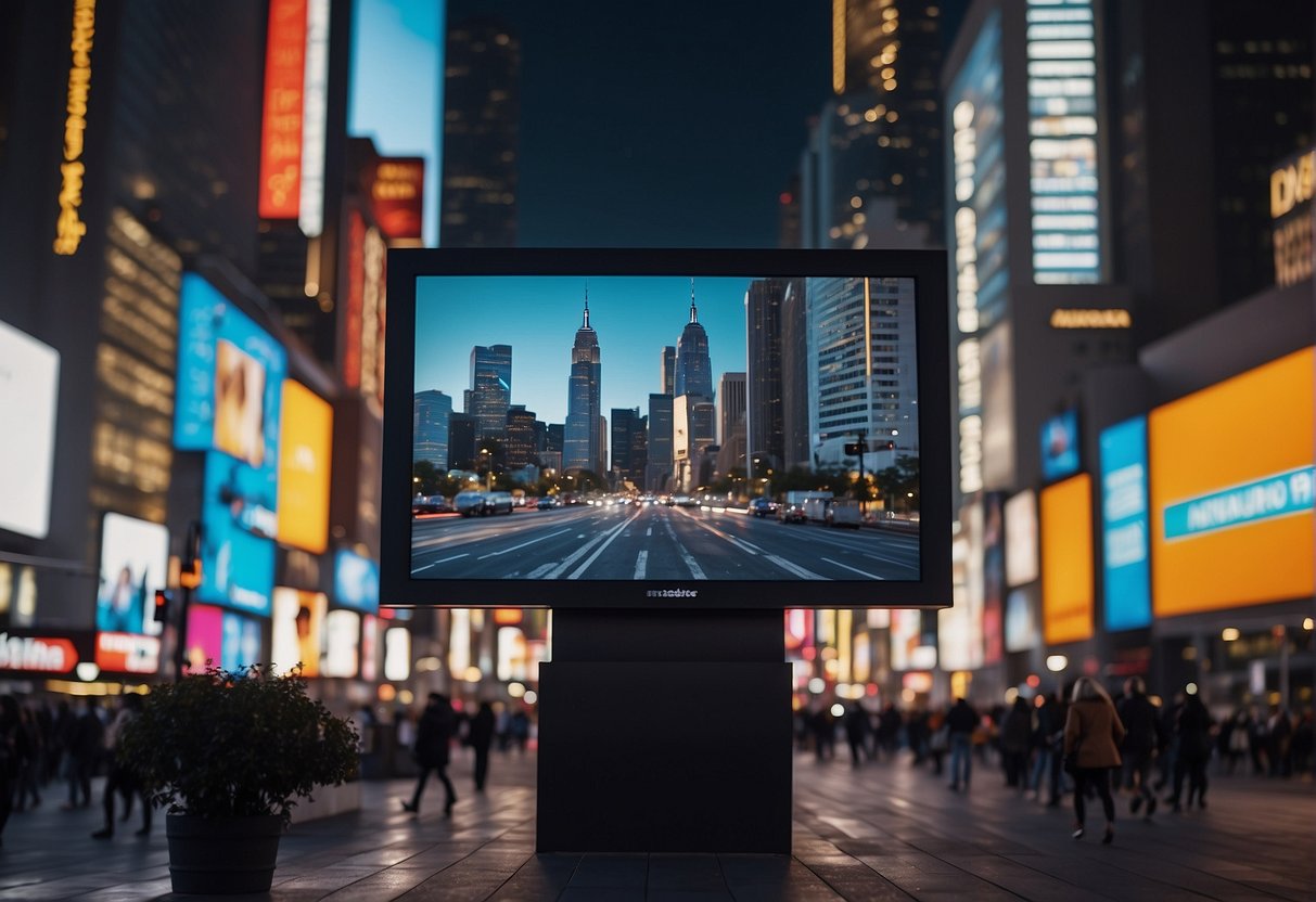 A bustling cityscape with digital billboards and targeted ads displayed on screens, capturing the dynamic and innovative landscape of digital marketing in the USA