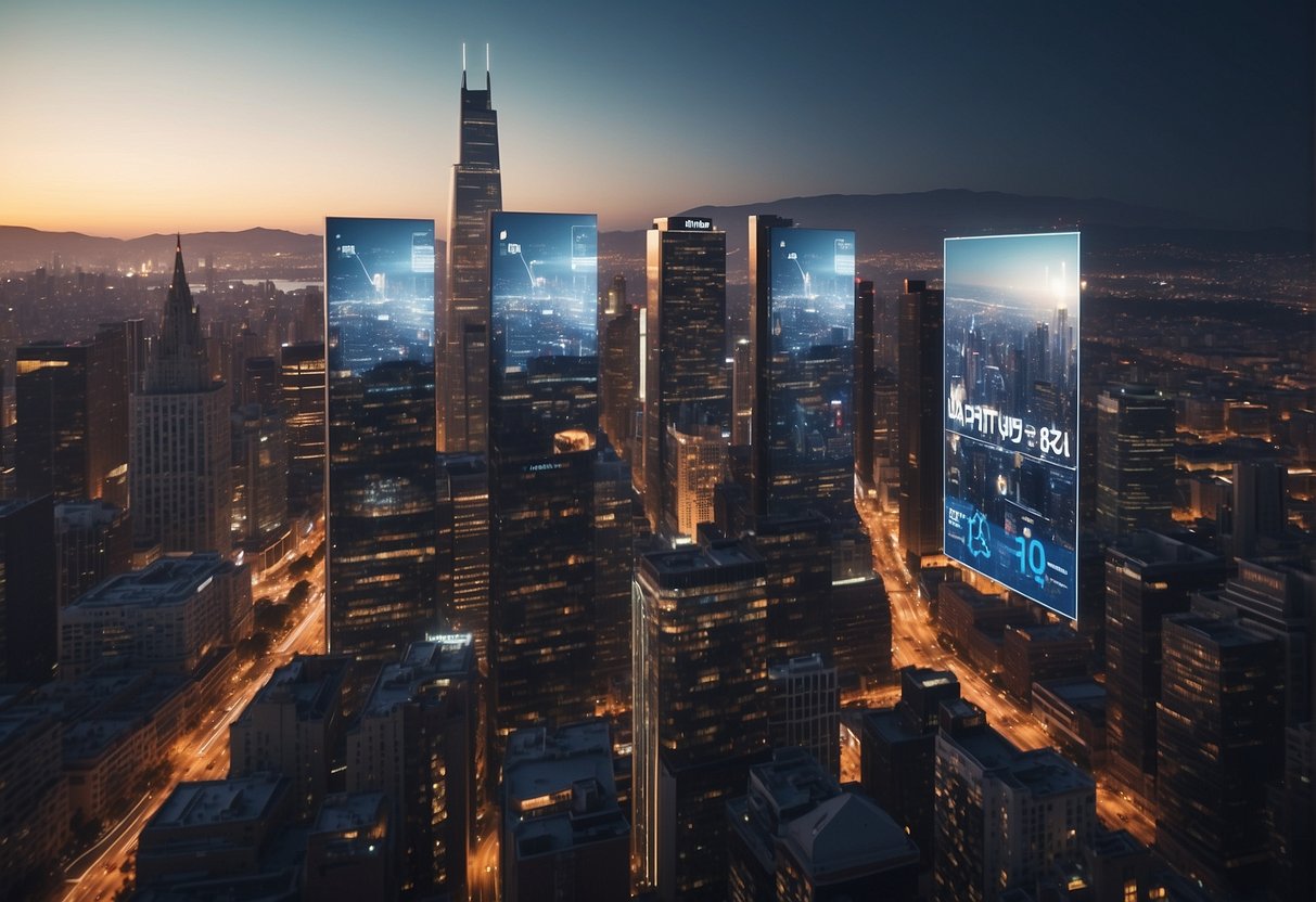 A bustling cityscape with digital billboards and mobile devices, showcasing data analytics and personalized advertising. The skyline is dotted with tech company logos, while consumers interact with virtual reality displays