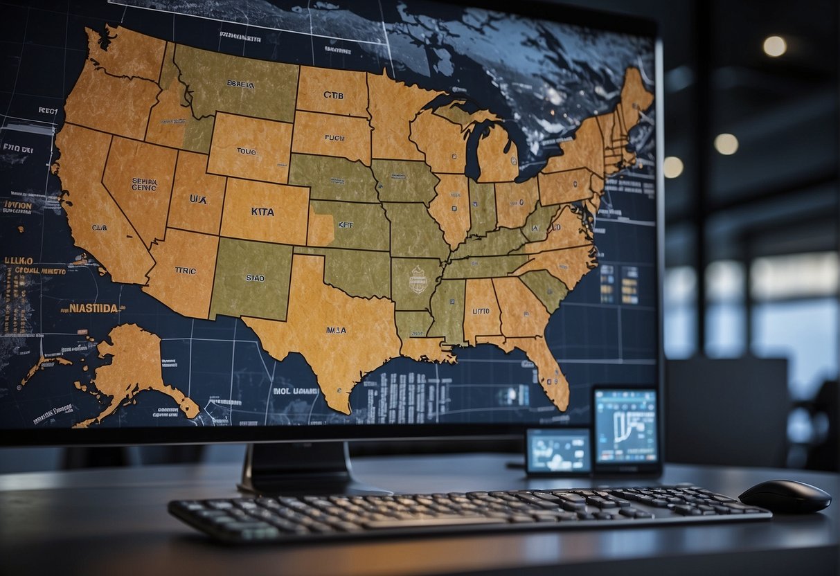 A map of the USA with various digital marketing trends highlighted in different regions, surrounded by computer screens displaying data and analytics