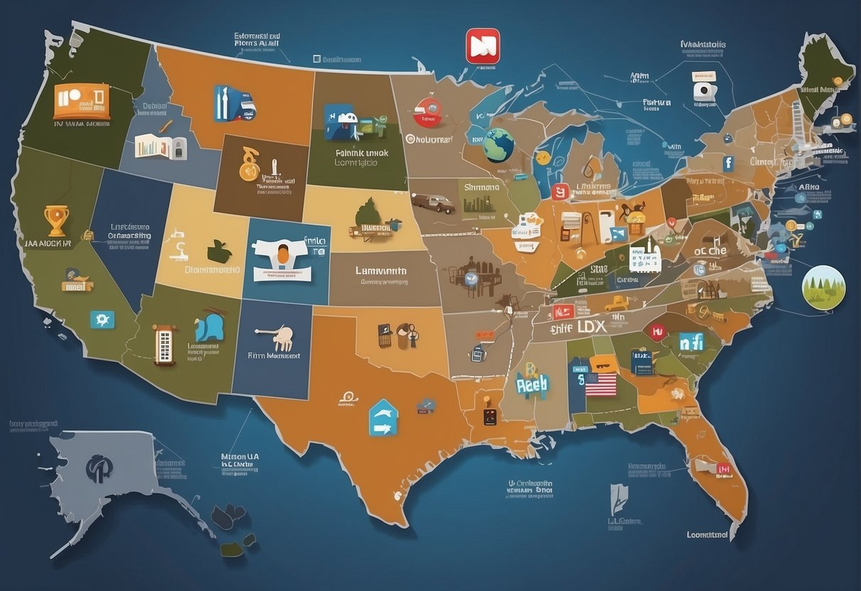 A map of the USA with various digital marketing icons and symbols scattered across different states, representing the diverse trends in the industry