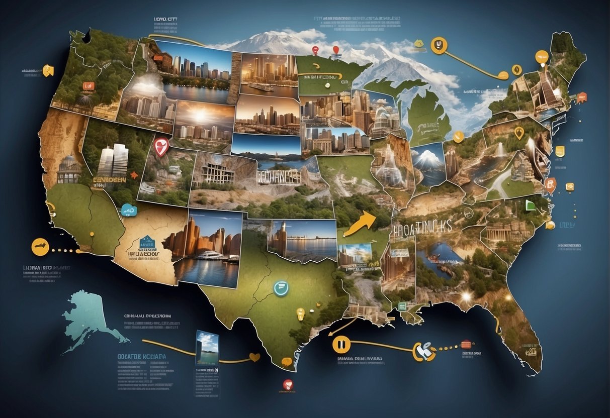 A map of the USA with digital marketing icons and trend arrows pointing to major cities