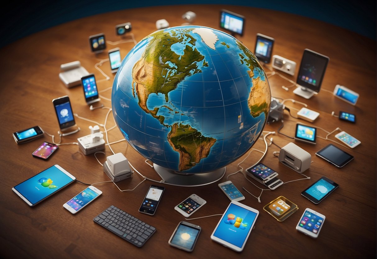 A globe surrounded by digital devices, displaying various cultural symbols and languages, with marketing strategies connecting them globally
