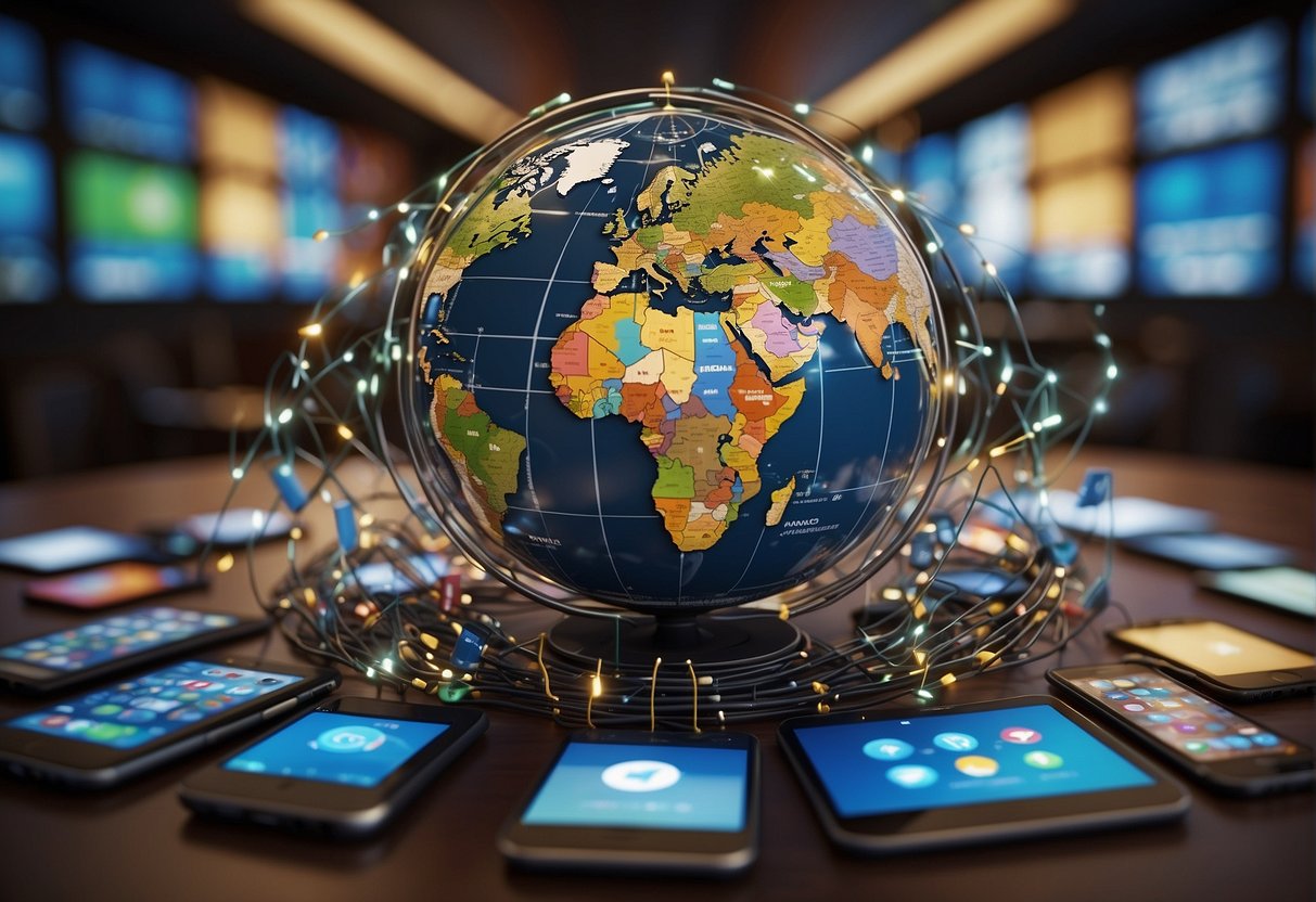 A globe surrounded by digital devices and international flags, with a network of arrows connecting them, representing global expansion through digital marketing