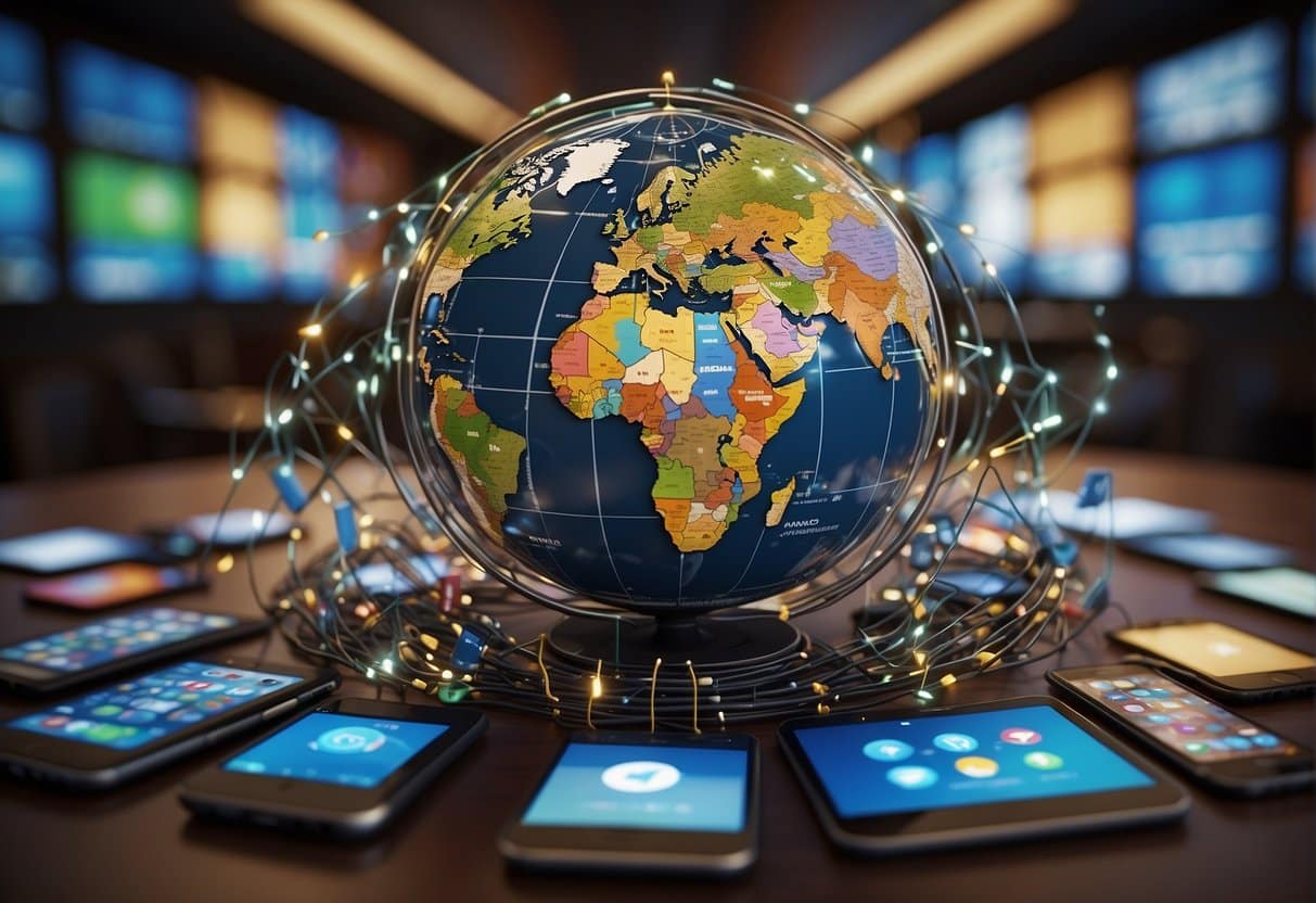 A globe surrounded by digital devices and international flags, with a network of arrows connecting them, representing global expansion through digital marketing