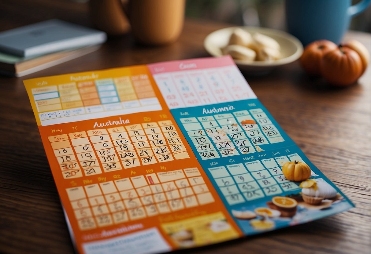 A colorful calendar with Australian seasonal events and holidays marked, surrounded by various marketing materials and products
