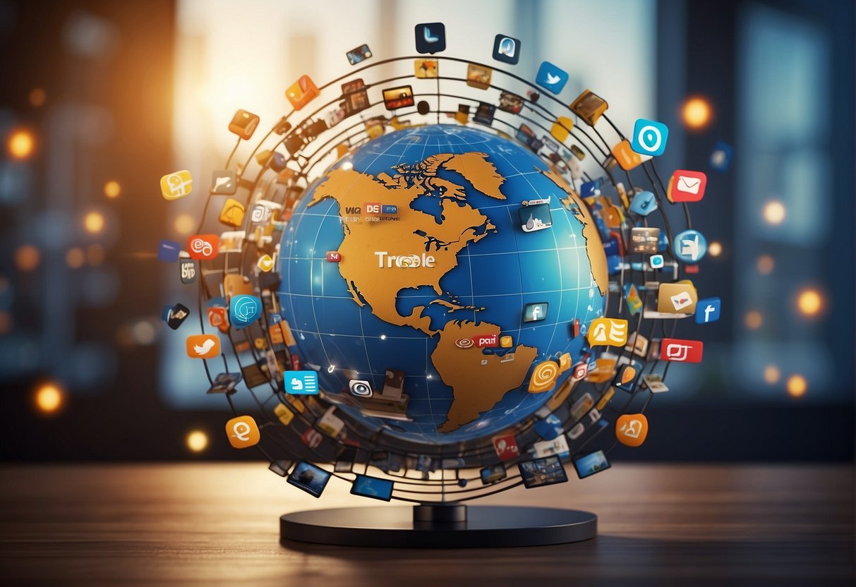 A globe surrounded by social media icons with arrows pointing outward, representing international expansion through digital marketing