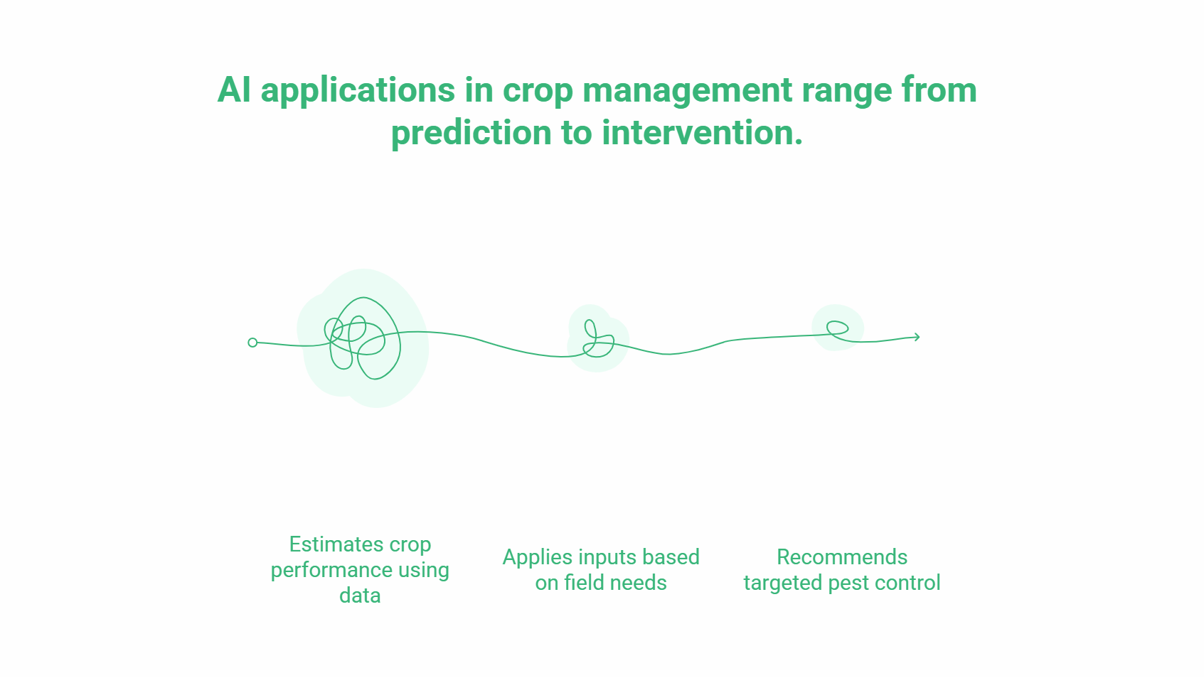 A graphic showing a wavy line with three points, illustrating AI in Agriculture: estimating crop performance using data, applying inputs for field needs, and recommending targeted pest control to advance agriculture.