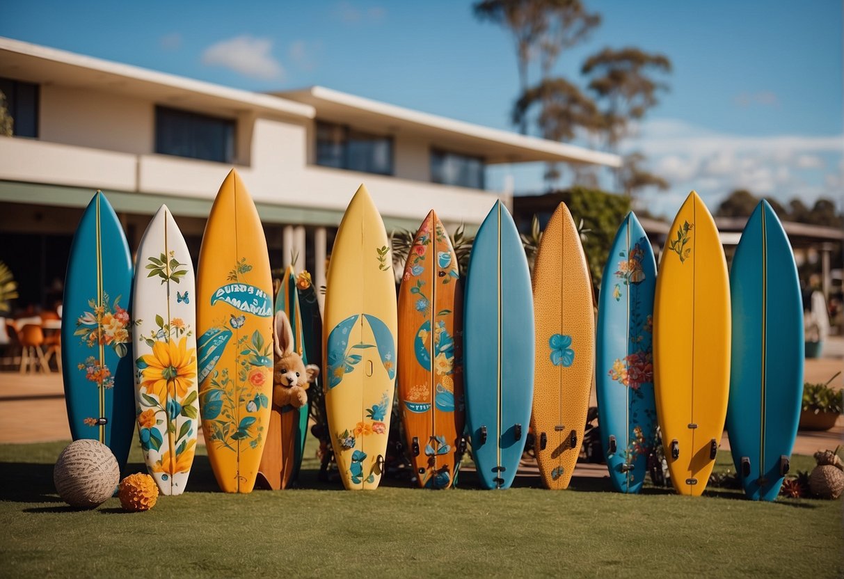 A colorful display of Australian seasonal symbols, like surfboards for summer and kangaroos for winter, surrounded by festive decorations for holidays like Christmas and Australia Day