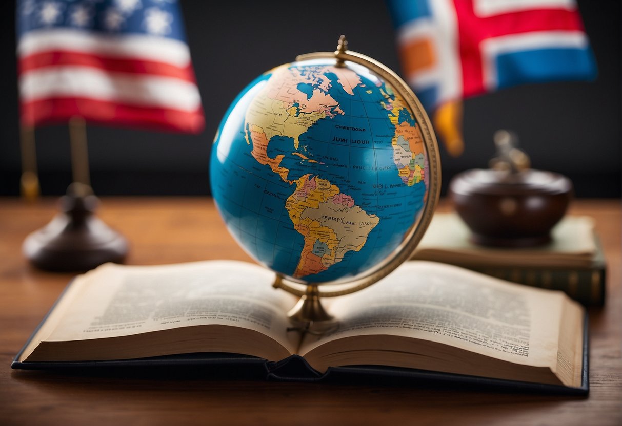 A globe surrounded by diverse flags, with a book and a pen nearby