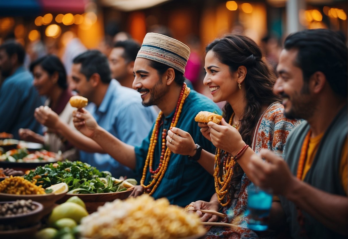 A diverse group of people enjoying traditional food, music, and art from different cultures around the world. The scene is filled with vibrant colors, lively music, and a sense of unity and celebration