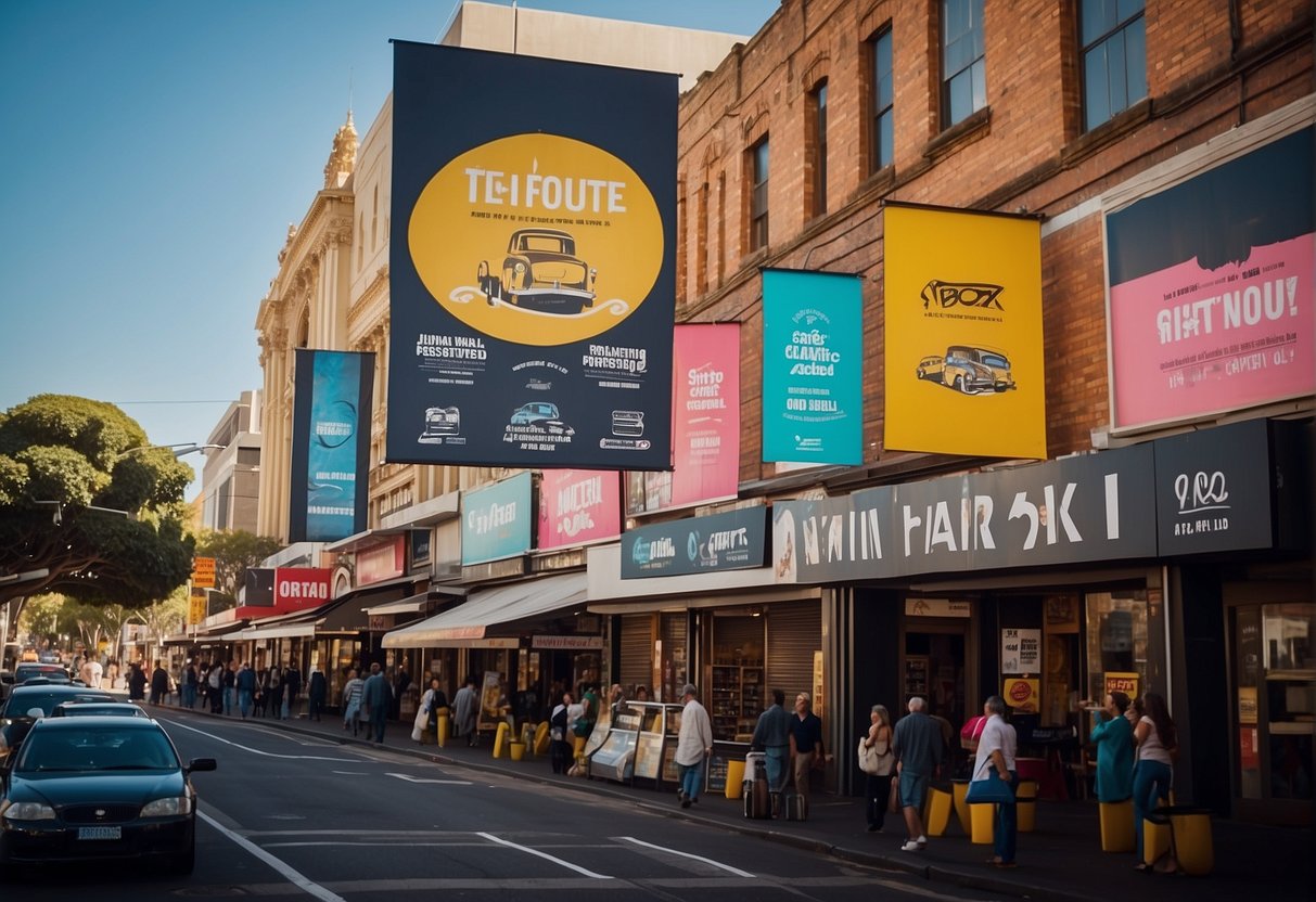 A bustling Australian city street with vibrant promotional banners and signs for local events, businesses, and promotions. The scene is filled with energy and excitement