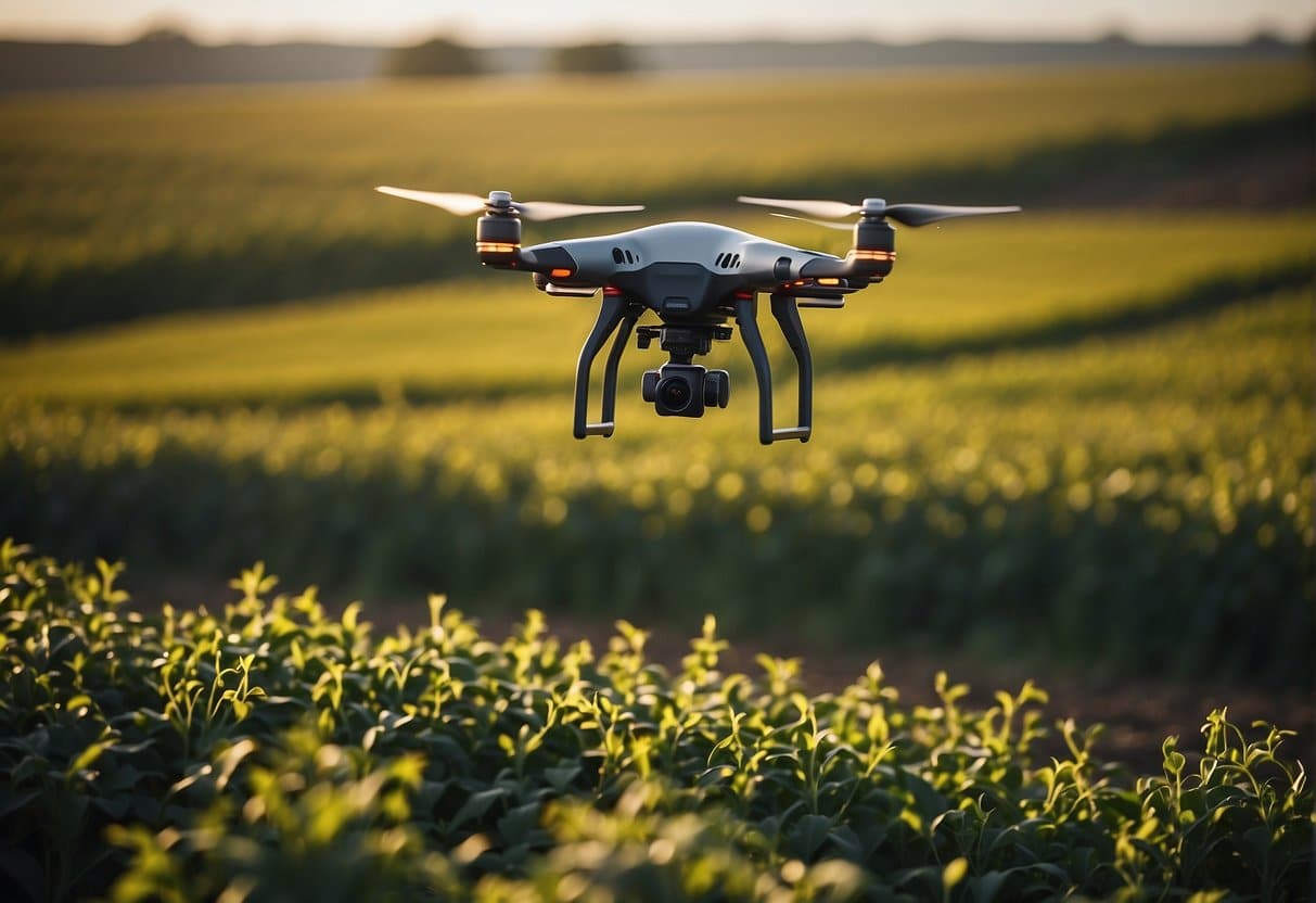 A drone hovers over a vast field, equipped with AI technology to monitor crop health and soil conditions, optimizing irrigation and fertilizer use