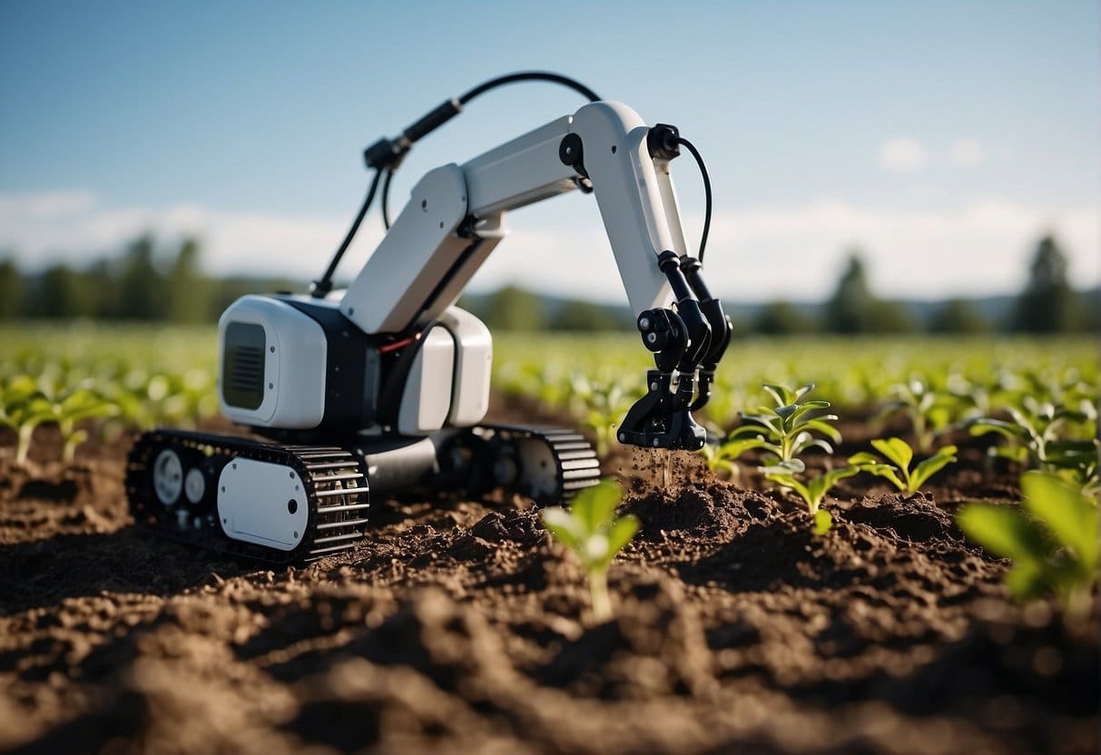 Robotic arms planting seeds, drones monitoring crops, and AI analyzing soil data for optimal irrigation