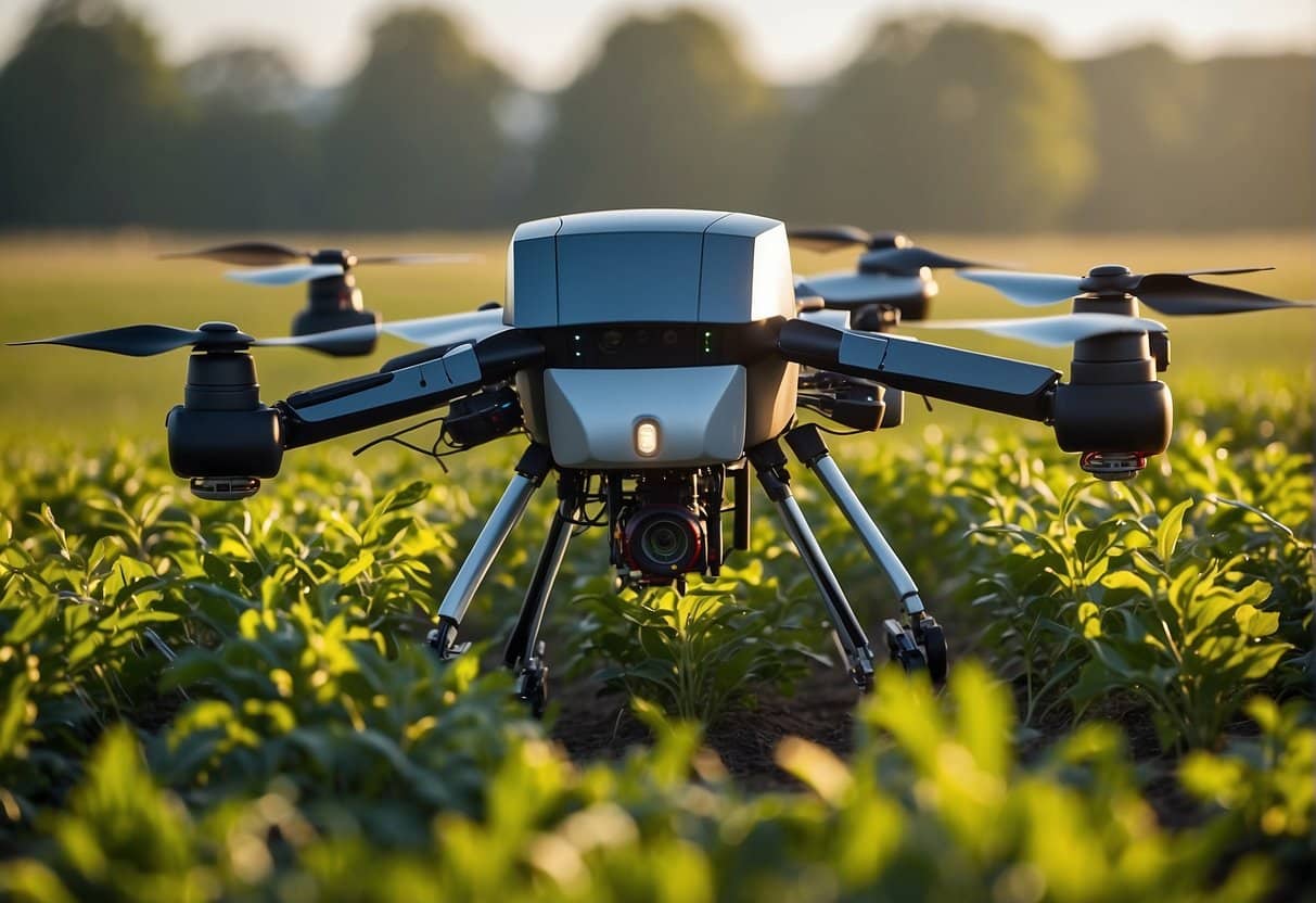 Robotic drones spray pesticides on crops. Sensors detect disease. AI analyzes data, optimizing treatment. Harvesting robots collect healthy, abundant crops