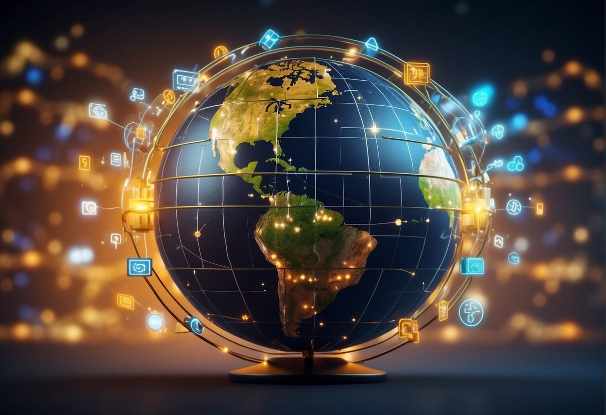 A globe with interconnected lines representing different regions, surrounded by various e-commerce symbols and SEO strategies