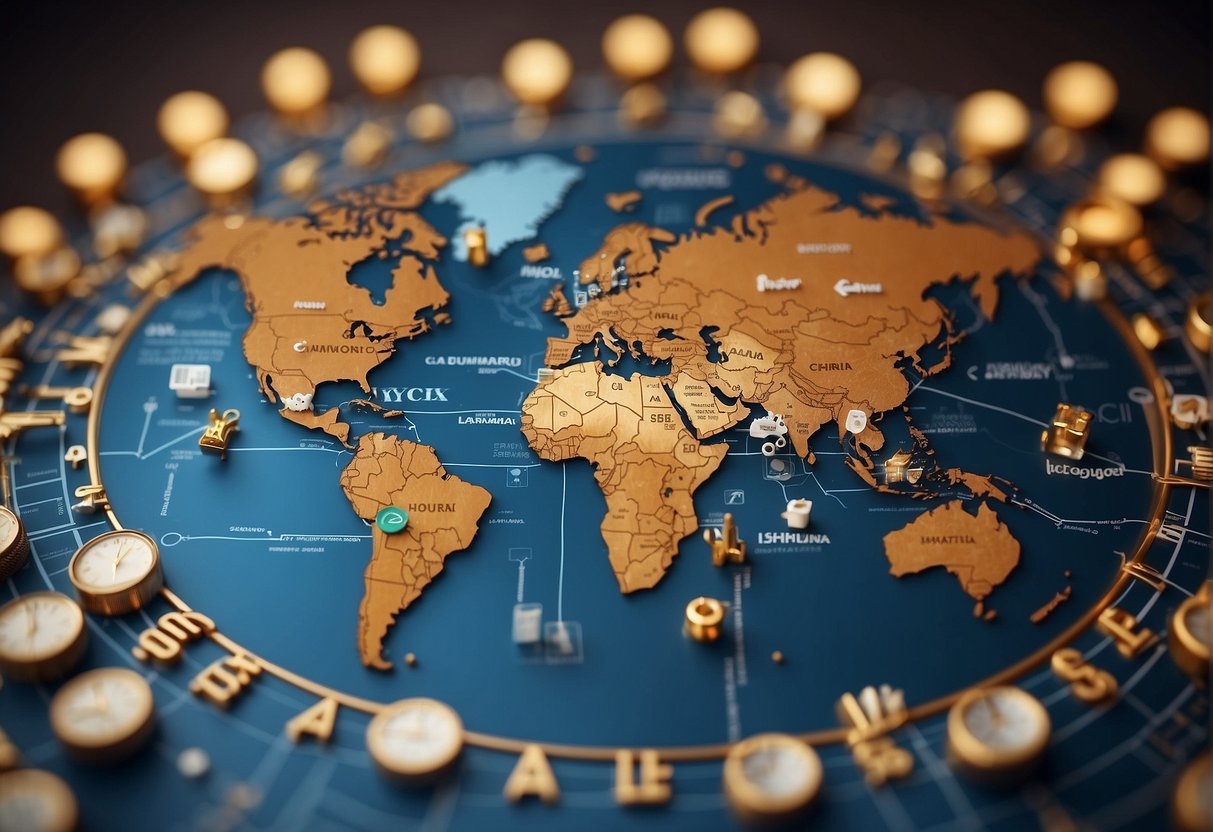 A global map with various e-commerce icons representing different regions, surrounded by SEO keywords and strategies