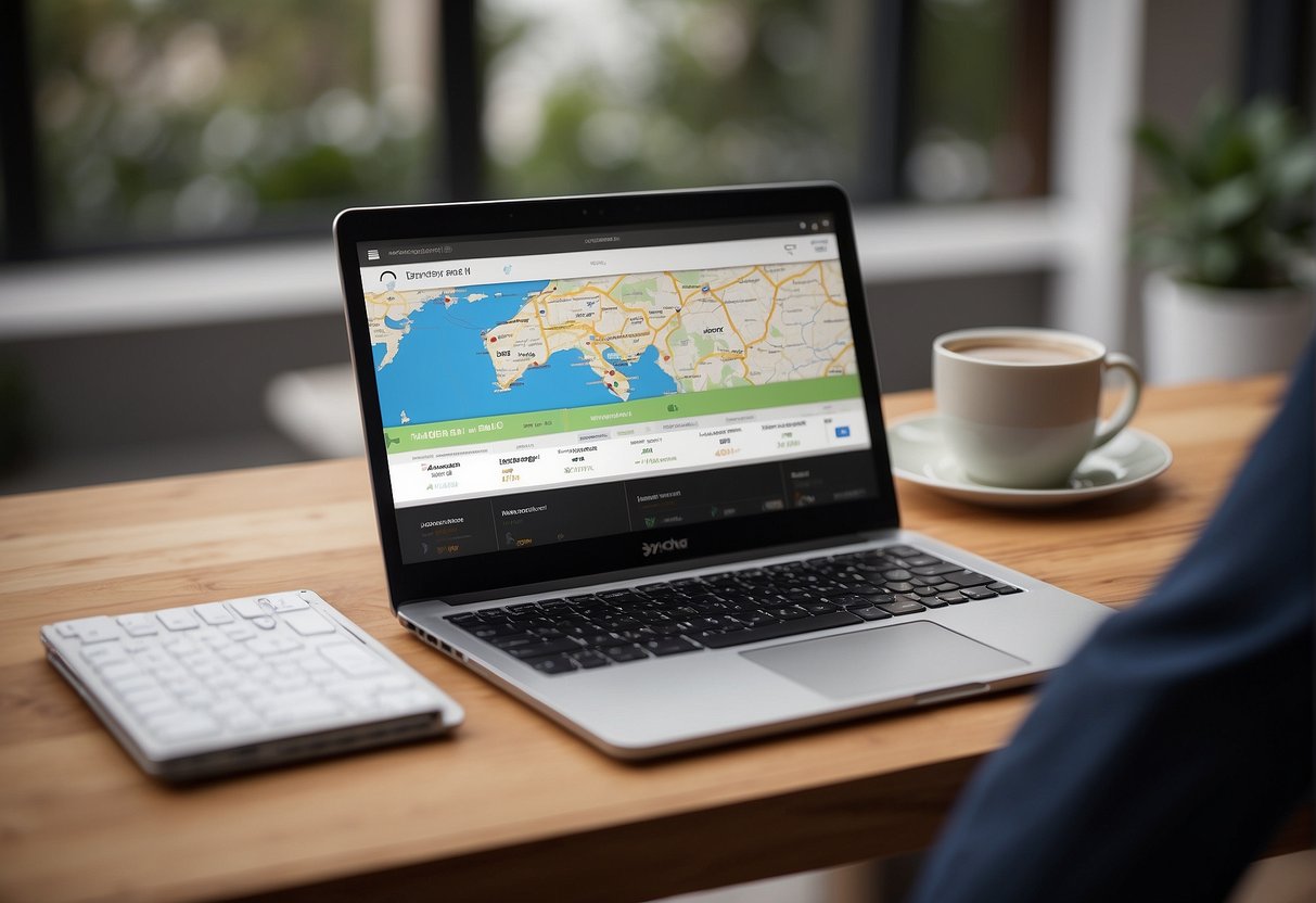 A laptop displaying local SEO analytics for Australian businesses with a graph showing performance tracking. A map of Australia with location markers