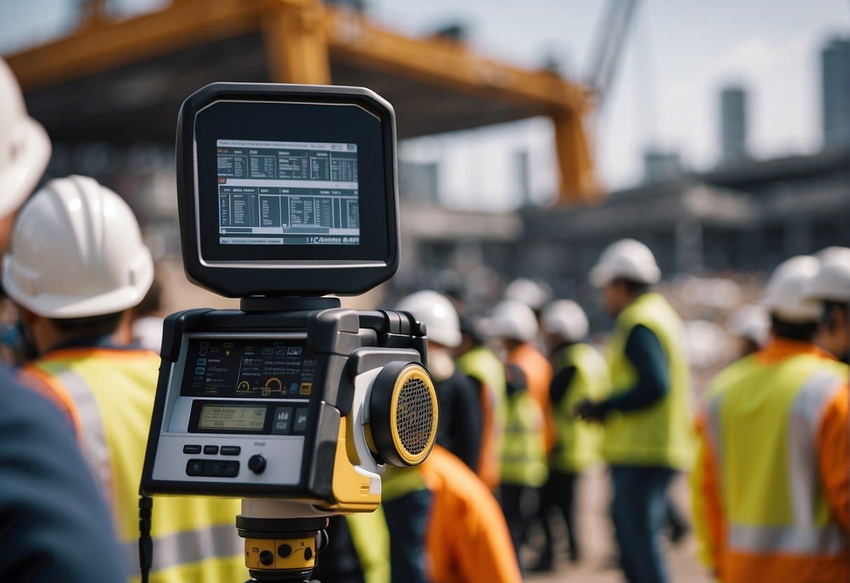 An AI system coordinates construction tasks amidst a busy construction site, ensuring efficiency and safety protocols are followed