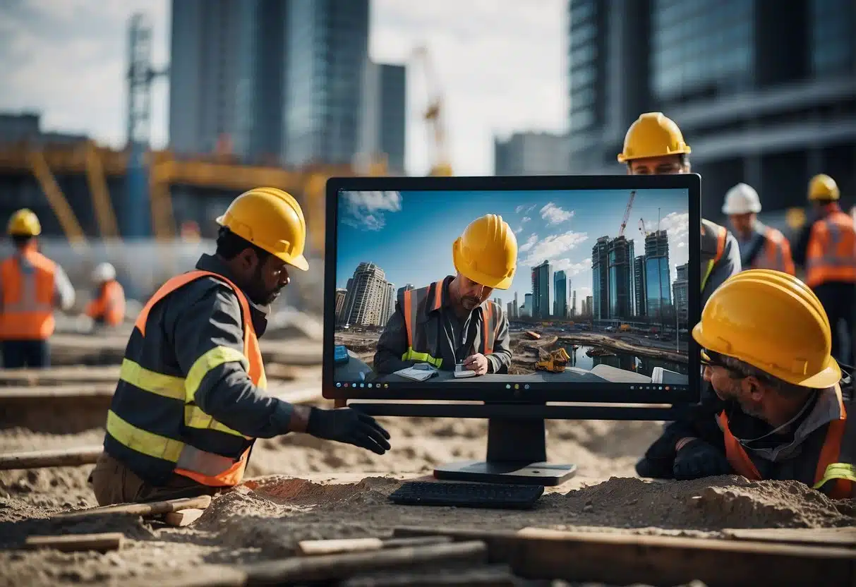 AI monitors construction site, managing projects and ensuring safety. Data analysis and real-time alerts optimize efficiency and prevent accidents