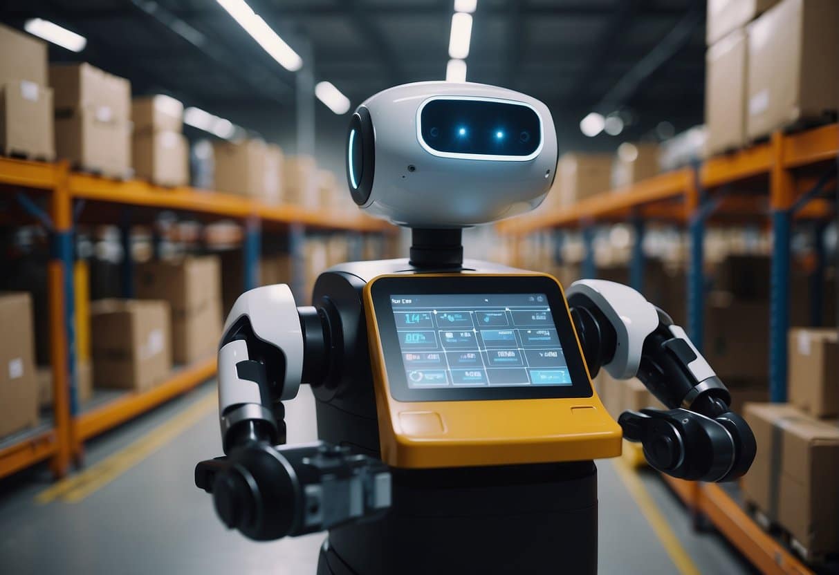 A warehouse robot scans and organizes inventory while an AI system tracks shipments in real-time, creating a seamless and efficient logistics process