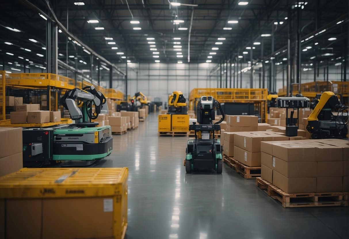 A bustling warehouse with AI-powered robots efficiently sorting and organizing sustainable and ethically sourced products, while a digital screen displays real-time transparency data