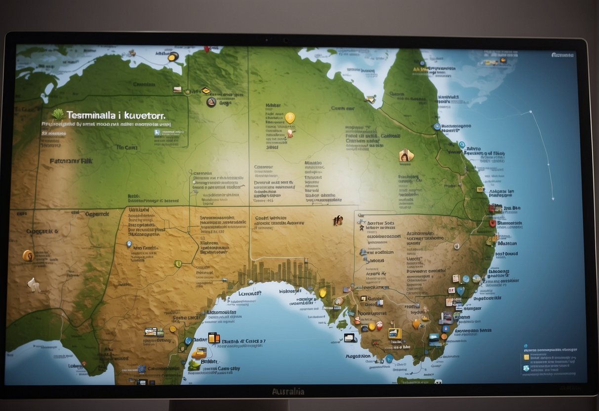 A computer screen displaying positive online reviews and testimonials for Australian businesses. A map of Australia in the background with location markers