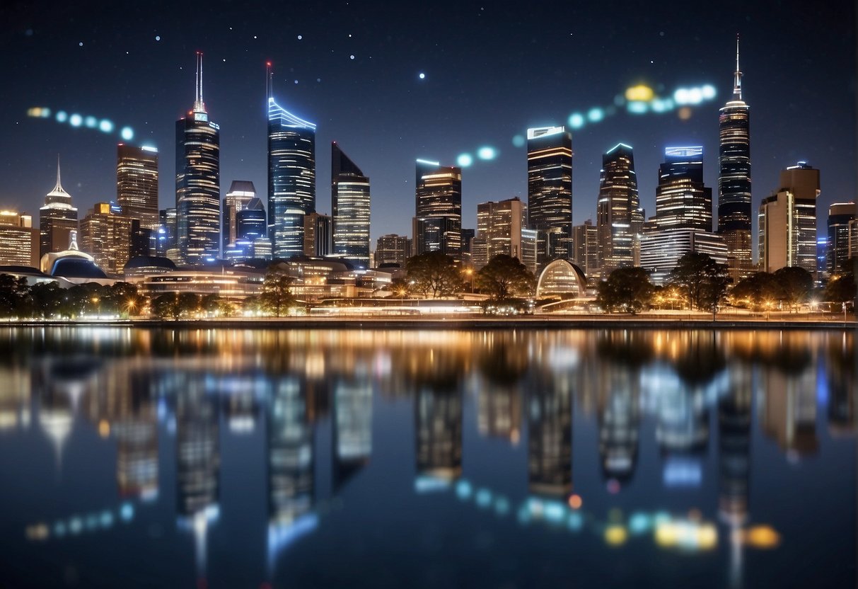 A bustling Australian city skyline with social media icons and local landmarks interwoven, showcasing the integration of digital marketing and local SEO for Australian businesses