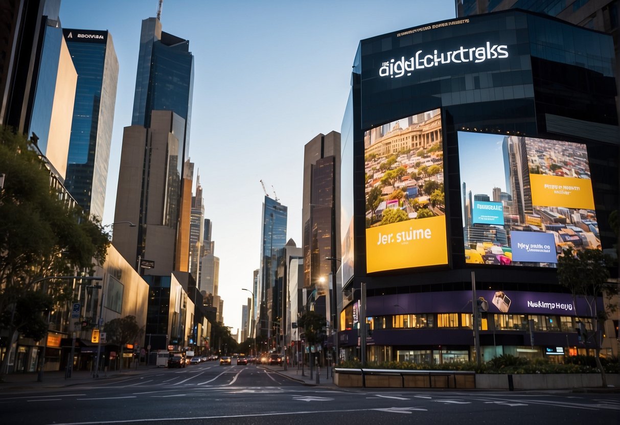 A vibrant Australian cityscape with digital billboards and advertisements, showcasing the dynamic landscape of digital advertising and marketing in Australia