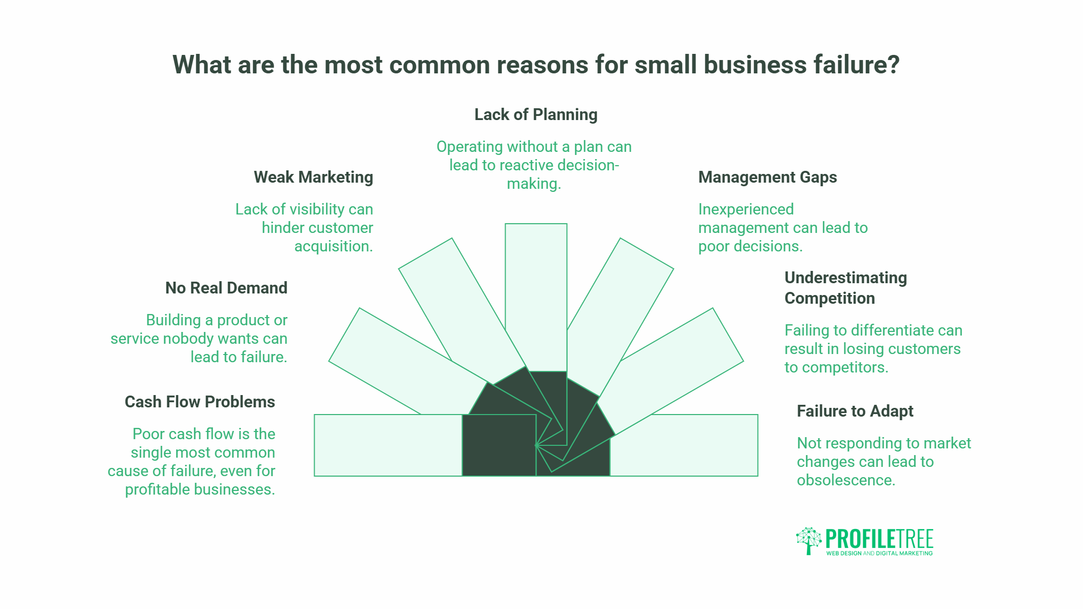 Infographic titled What are the most common reasons for Small Business Failure? It lists lack of planning, weak marketing, no real demand, cash flow problems, management gaps, underestimating competition, and failure to adapt.