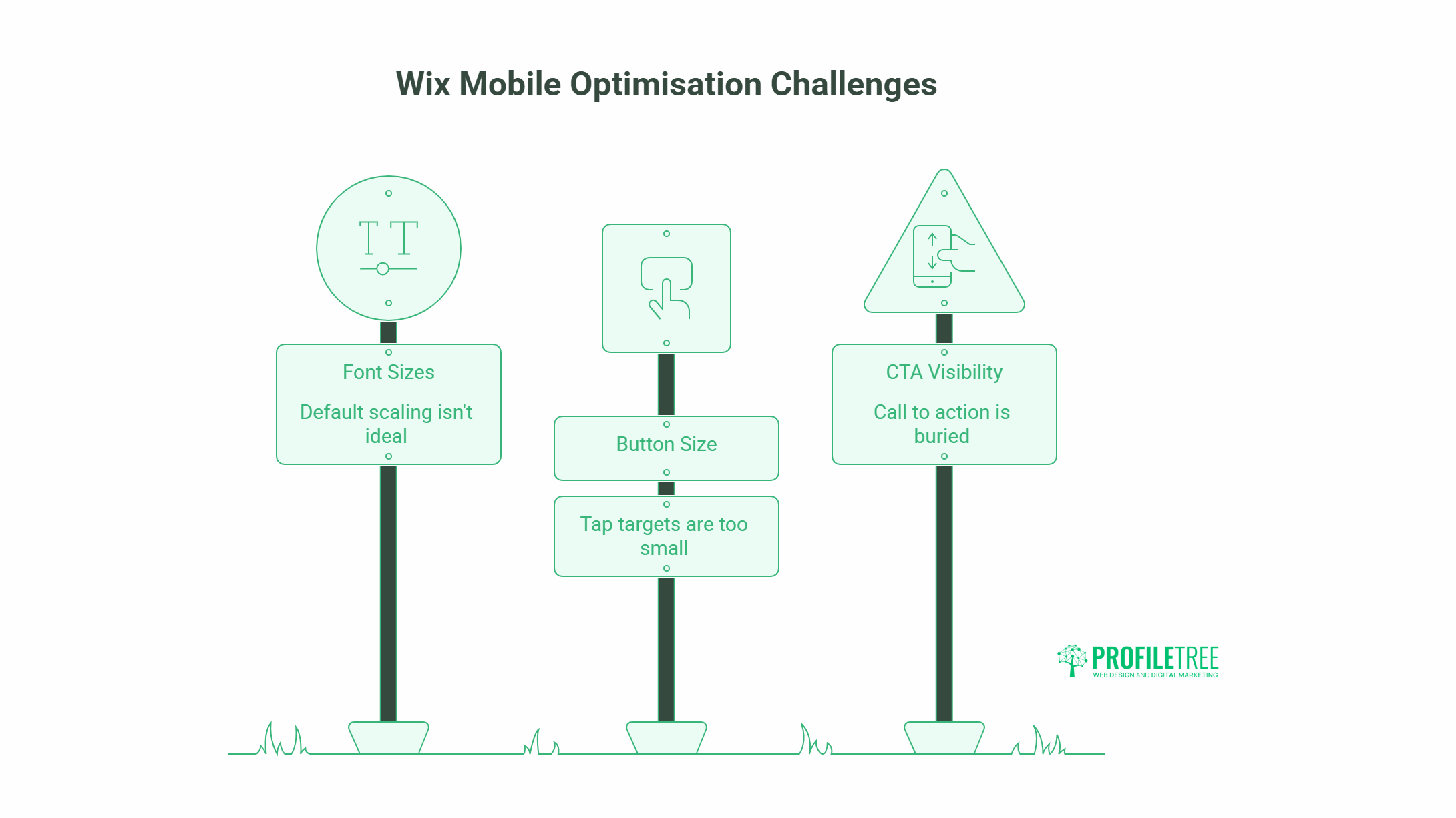 Three illustrated signposts highlight Wix mobile optimisation challenges: small font sizes, hard-to-tap buttons, and poor call-to-action visibility. Learn how to Hide Elements on Wix for a better experience. ProfileTree logo appears at the bottom right.