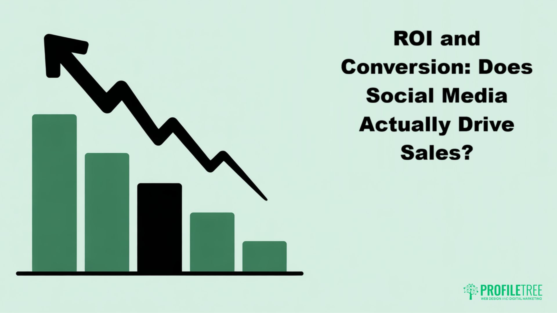 A bar chart with a downward trending line and an arrow, next to the text ROI and Conversion: Does Social Media Actually Drive Sales? Features Media Statistics elements. The Profiltree logo is in the bottom right corner.