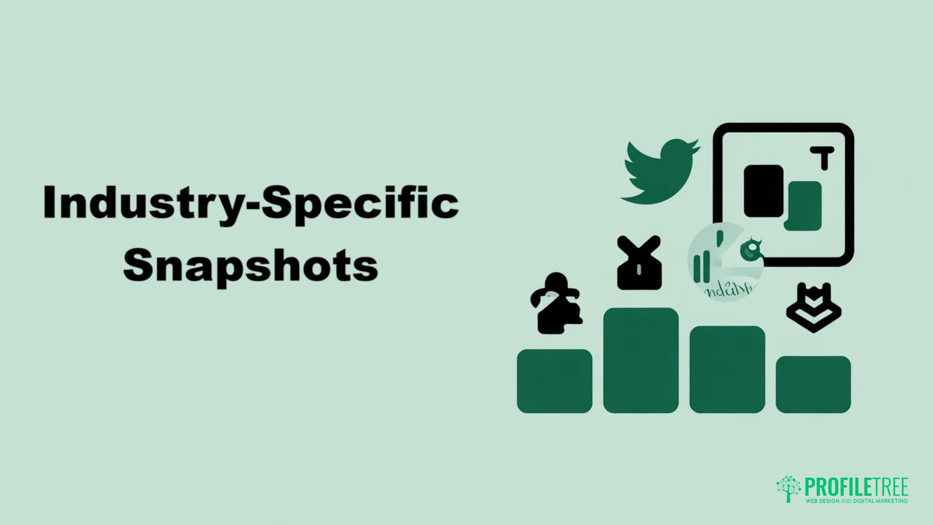 Text Industry-Specific Snapshots next to icons representing various industries, including a chess piece, bunny head, game controller, stethoscope, social media bird, and graph bars for Media Statistics, with a Profiltree logo at the bottom right.