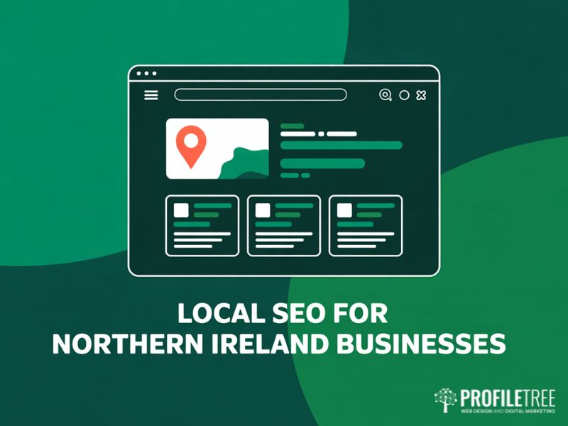 Flat vector illustration of a local search results page showing Google Business Profile listings relevant to SMEs in Northern Ireland