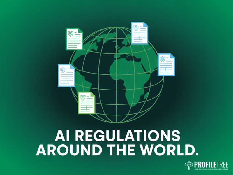 AI Regulations worldwide overview showing a globe surrounded by legislative document icons in flat vector style