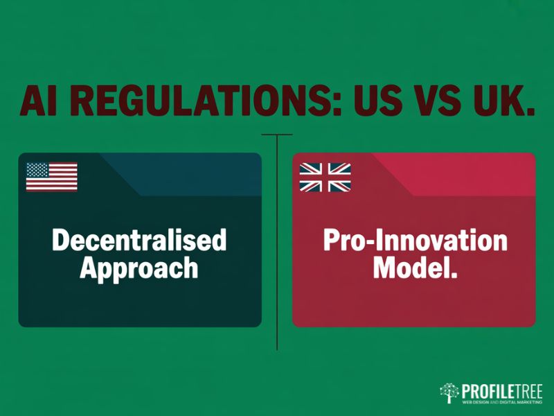 AI Regulations comparison between US decentralised approach and UK pro-innovation model shown as two flat vector panels