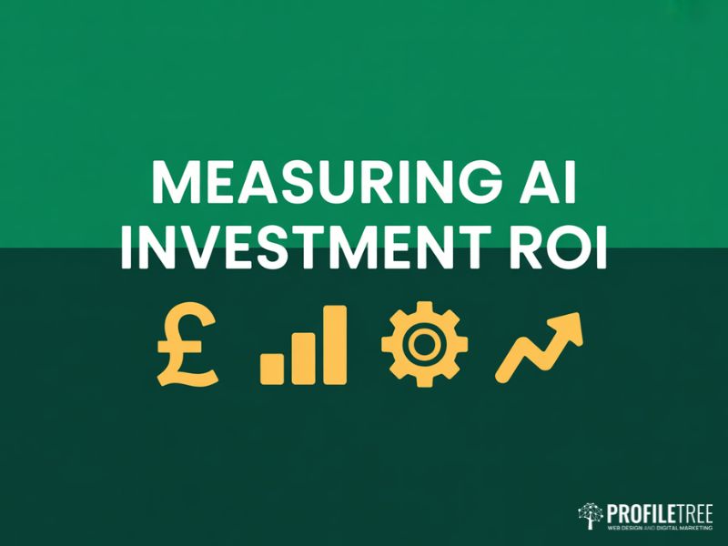Flat vector illustration representing the key components of measuring AI Investments ROI including cost, performance, and returns