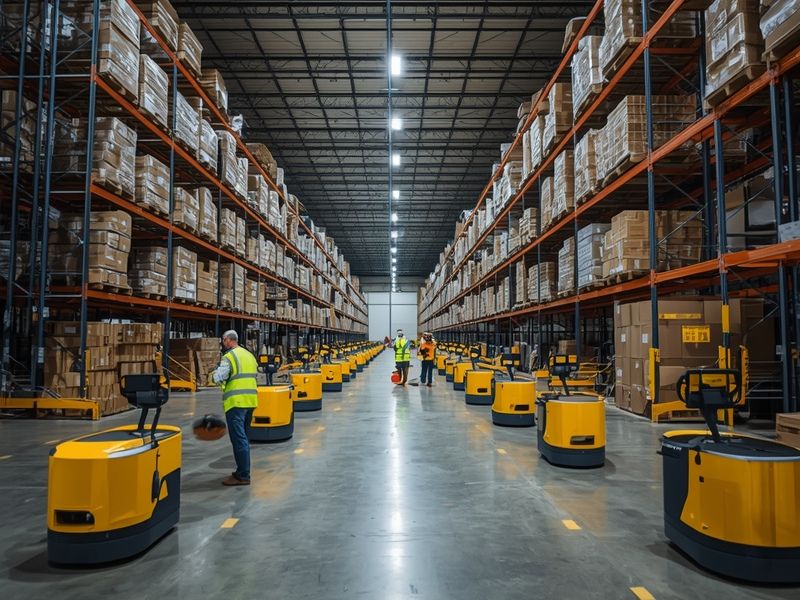 A busy UK distribution warehouse using automated guided vehicles, illustrating how AI in logistics is transforming warehouse operations