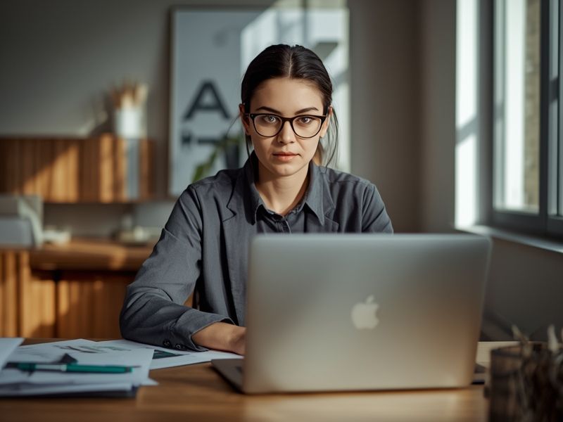 Business owner reviewing AI laws in SME operations compliance documents at office desk