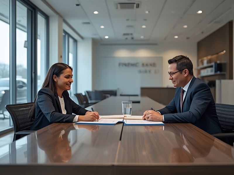 A bank advisor meeting with a customer to discuss financial products, illustrating the importance of SEO for banking institutions in driving branch enquiries.